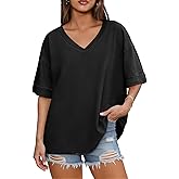 Tankaneo Womens V Neck Oversized Tshirts Summer Casual Short Sleeve Shirts Baggy Loose Fit Tees Tunic Tops