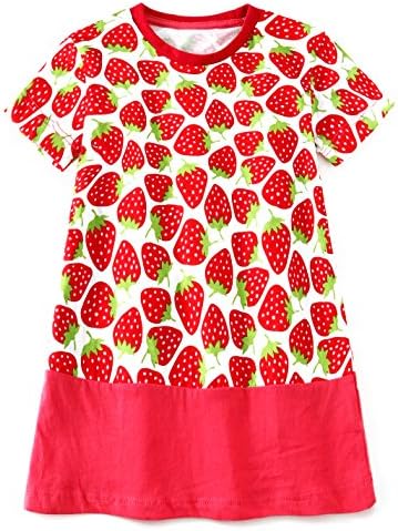 Heris Girl's Summer Cotton Shortsleeve Crewneck Cute Print Dress(18M,Red Strawberry)