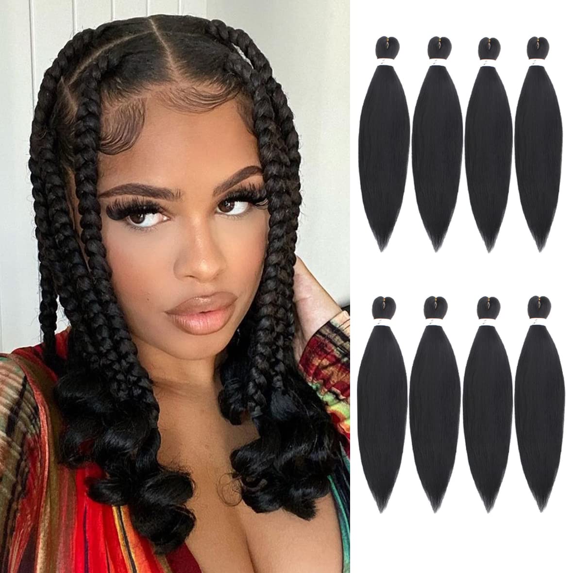 Leeven 8 Packs Pre Stretched Braiding Hair Extension Yaki Texture Hot Water Setting EZ Braids Kanekalon Hair for Coi Leray Braids Black Braiding Crochet Hair Extensions /16 Inch 1B# โ image 1