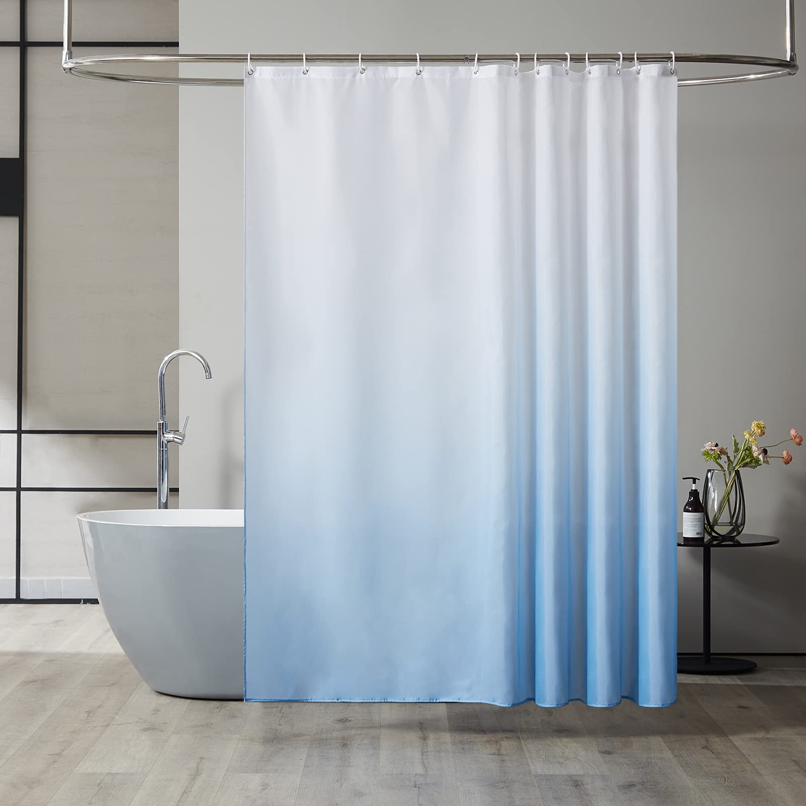 Furlinic Shower Curtain Mould Proof Polyester Fabric Wetroom Bath Curtains Waterproof Machine Washable with 12 Hooks for Bathroom White to Sky Blue 72x72 Inch(180x180cm).