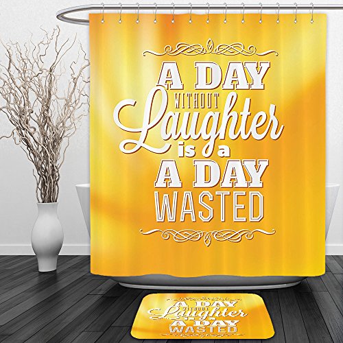 Vipsung Shower Curtain And Ground MatQuotes Decor Collection &quotA Day without Laughter is A Day Wasted” Inspiration Be Happy Typographic Artwork Yellow WhiteShower Curtain Set with Bath Mats Rug