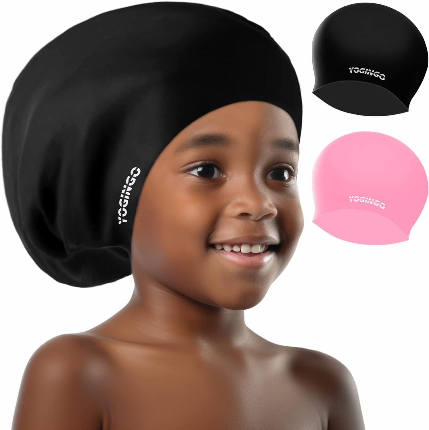 YOGINGO 2 Pack Extra Large Swimming Cap for Kids - Long Hair Kids, Girls&Boys with Curly Braids Dreadlocks Silicone 6-14, Keep Dry, Black+Pink