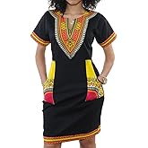 Women's Bodycon Dashiki African Midi Dresses Bohemian Vintage Club Dress with Pocket