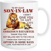 DOPHOME To My Dear Son In Law Coffee Mug Gifts - Son-in-law Christmas presents mugs,Lion Mother In Law To My Dear Son In Law Mug, Father's Day Birthday New Year Gift, 11 oz Novelty mug white
