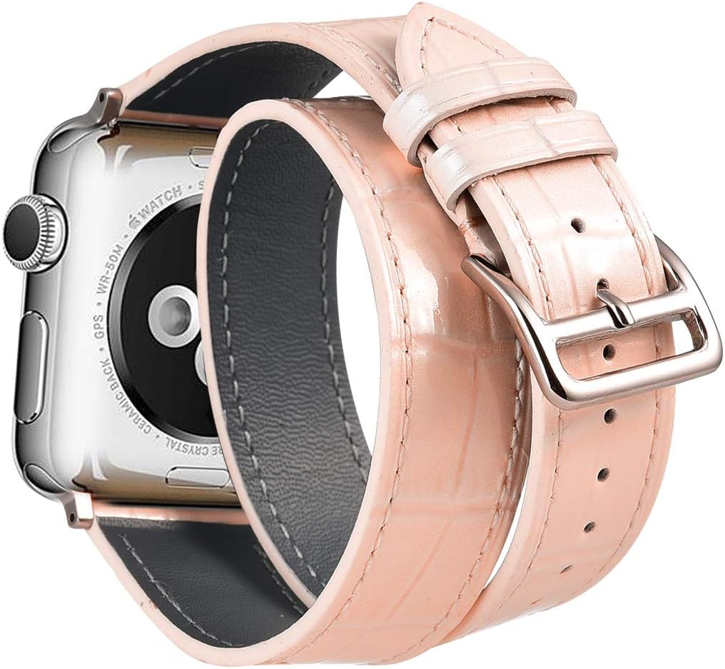 Ribivaul Leather Watch Bands Compatible with Apple Watch 38mm/40mm Double Tour Crocodile iwatch Strap Replacement Band with Stainless Steel Adapter Clasp for Series 4/3/2/1 Women Men (pink, 38mm/40mm)