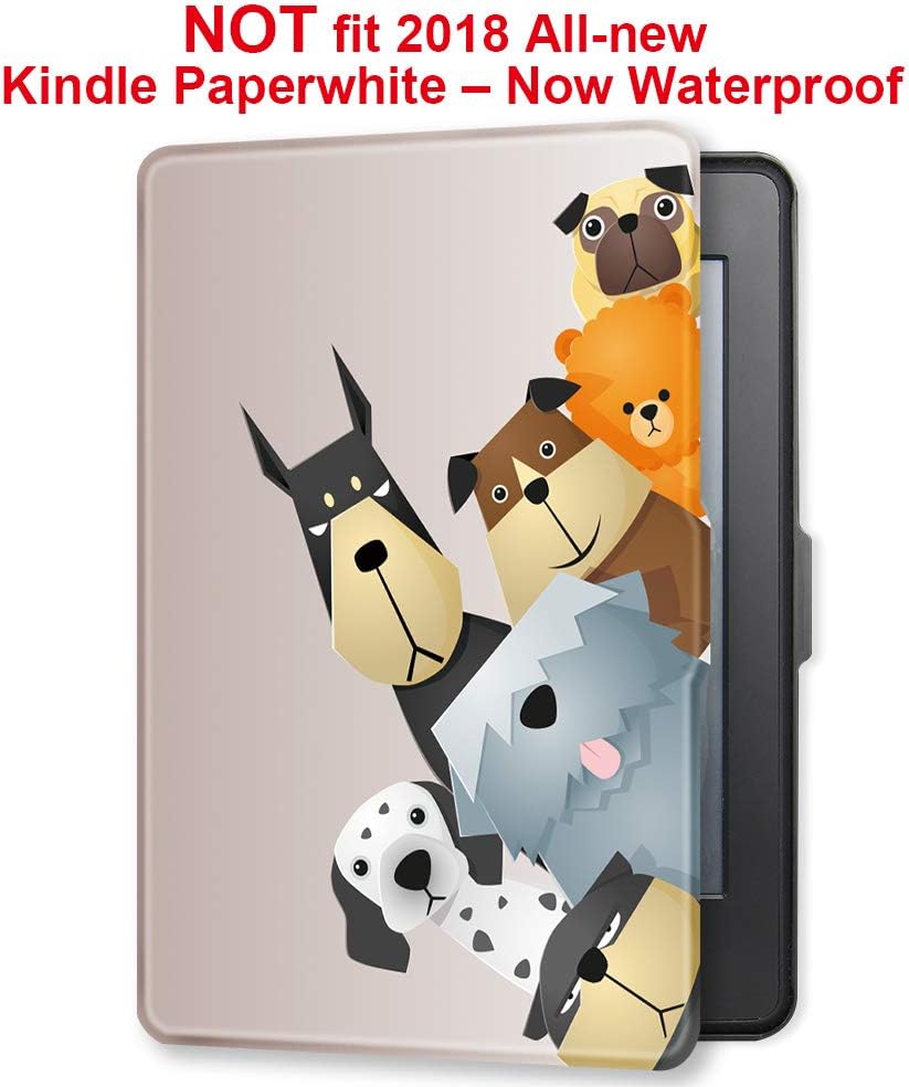 Young me martShell Case for Kindle Paperwhite with Hand Strap - The Thinnest and Lightest Leather Cover Auto Sleep / Wake for All-New Amazon Kindle Paperwhite (Dogs Family)
