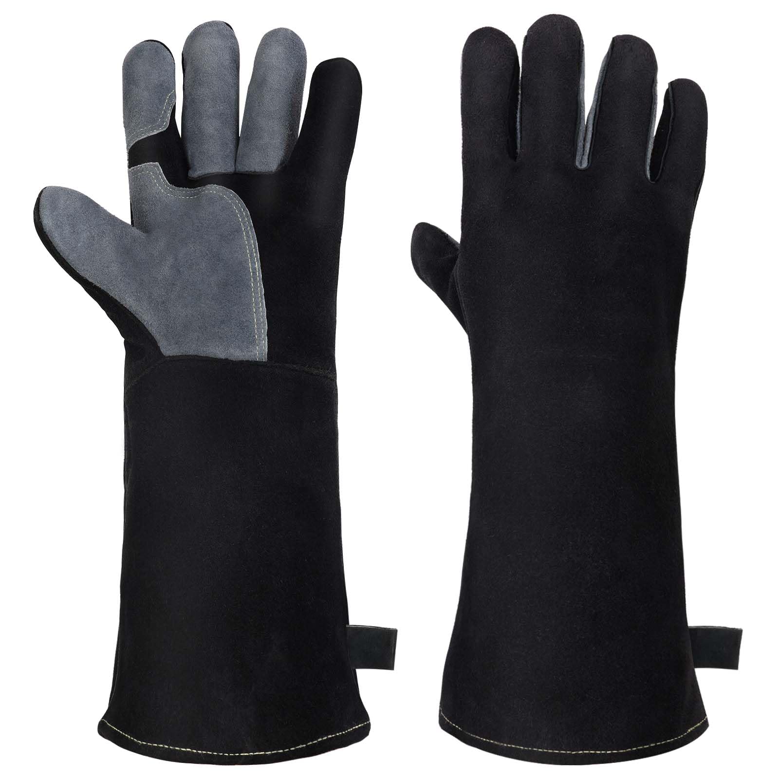 AUAUY Heat & Fire Resistant Leather BBQ & Welding Gloves, Large, Kevlar Stitched, Heavy-Duty, Black