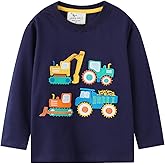 Toddler Baby Boy Embroidered Graphic Long Sleeve T-Shirt Excavator Tops Kids Striped Tees for 2-7T