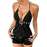 Verdusa Women's Punk Y2k Halter Top Grommet Eyelet Belted Rave Club Tie Backless Going Out Tops