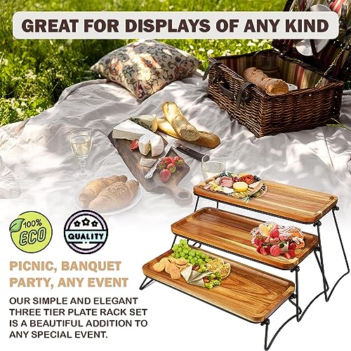Hcosmy Eco-Friendly Food Platter Serving Tray - 3-Tier Cupcake Stand - Acacia Wooden Towers Dessert Table Display Set, Appetizers, Snack, Desserts, Cake Serving Tray for Family Parties, Gatherings