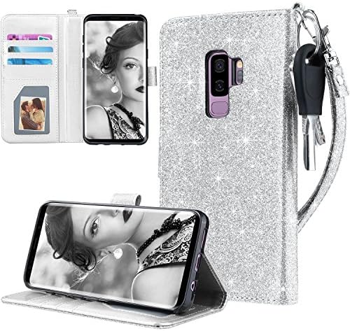 Galaxy S9 Plus Case, Samsung S9 Plus Wallet Case, UARMOR Glitter Bling Sparkle Flip Folio Case Cover with Credit Card Hand Strap Full Protective PU Leather Cover for Samsung Galaxy 9 Plus, Silver