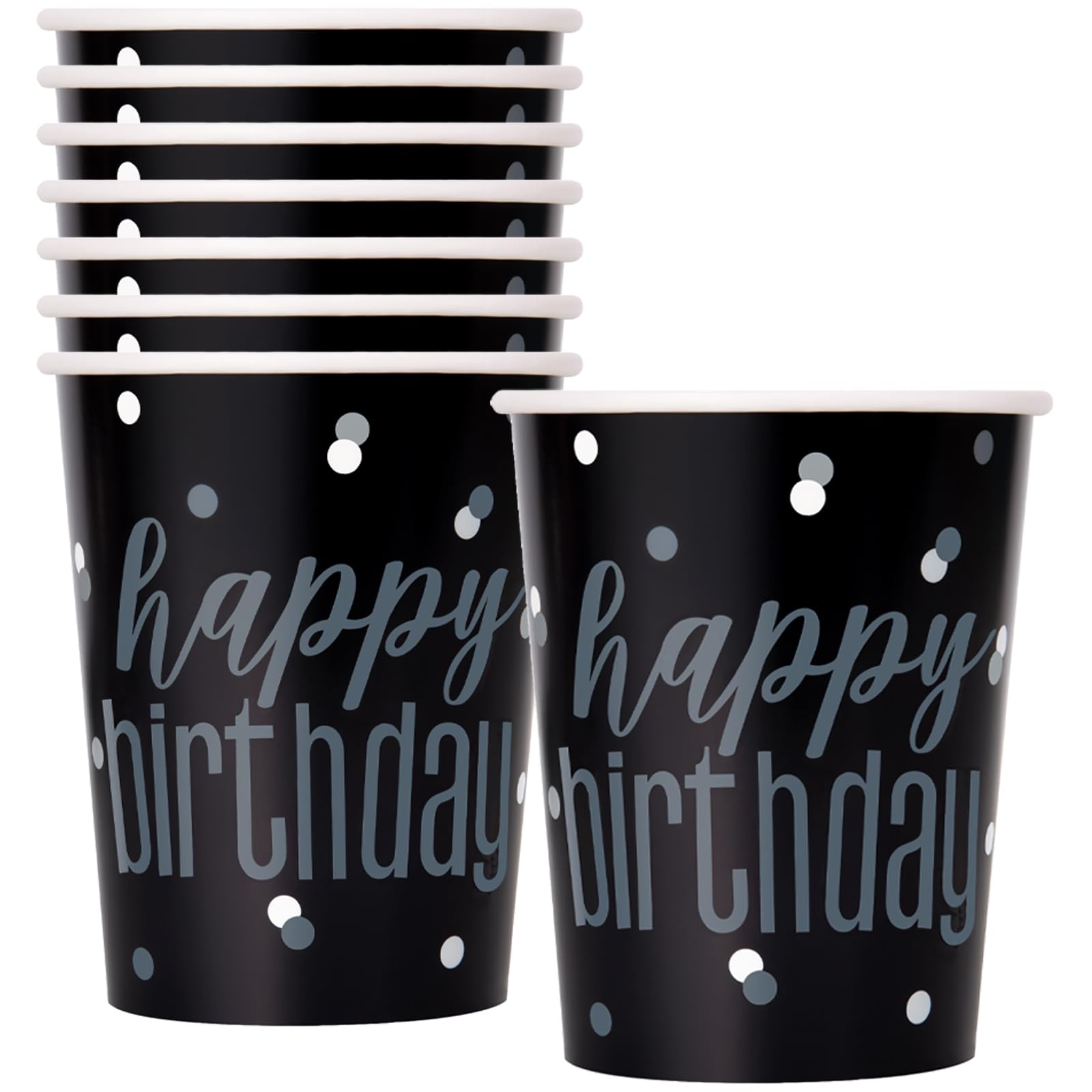 Unique 83588 Black Polka Dots Paper Cups, 9 oz Disposable | 8 Pcs, Happy Birthday
