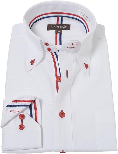 Amazon ワイシャツ メンズ 長袖 白 スリム デザイン 赤 レッド ボタン トリコロール ステッチ おしゃれ 前開け シャツ 通販