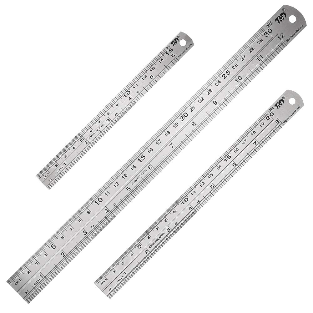 SUI-lim Set of 3 Stainless Steel Rulers Metal Ruler Double Scale Edge Measuring Tool Including Stainless Steel Ruler Metal for Engineering Teaching Offi 15 cm 20 cm 30 cm