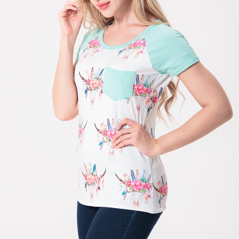 ENJOYNIGHT Women Casual Floral Printed Tops Blouse Short Sleeve T Shirt With Pocket (Large, Light Green)
