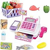 Sotodik Mini Cash Register Pretend Play Supermarket Shop Toys with Calculator,Working Scanner Play Food and More Pink-Small S