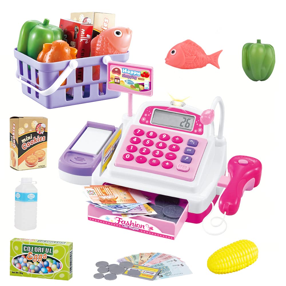 Sotodik Cash Register Pretend Play Supermarket Shop Toys With Calculator,Working Scanner,Credit Card,Play Food,Money and more Size-25 * 14 * 12cm/9.8 * 5.5 * 4.7in(Color May Random)