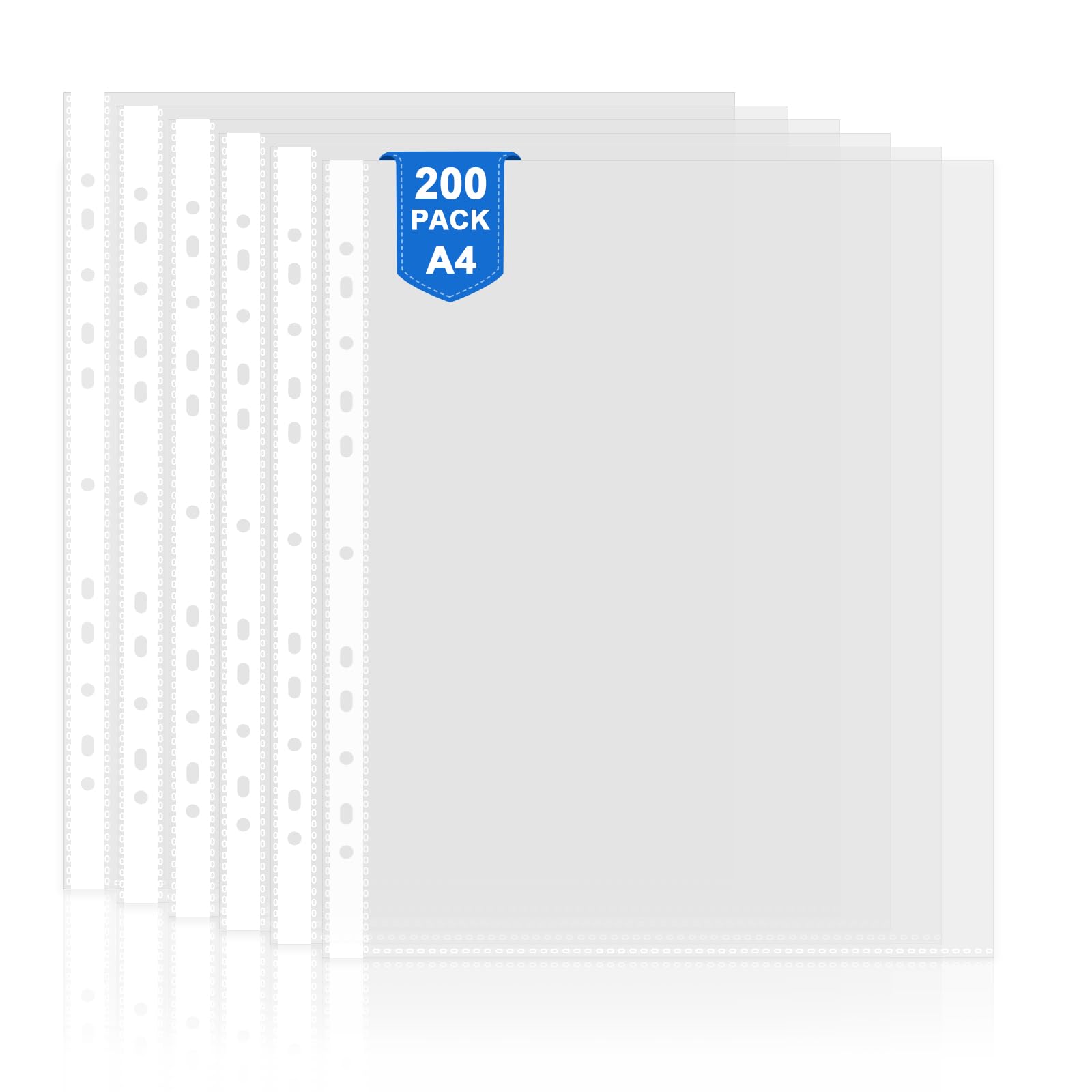 FOSHISY 200 Pcs Punched Pockets A4 Clear 60 Micron Heavy Duty Plastic Wallet Sleeves, Top Opening Poly Pockets for Ring Binder Folders