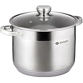 Daniks Standard 10 Quart Stainless Steel Stock Pot with Glass Lid, Tri-Ply Bottom for Even Heating, Induction Compatible, Dishwasher Safe, Built-In Measuring Scale, Silver