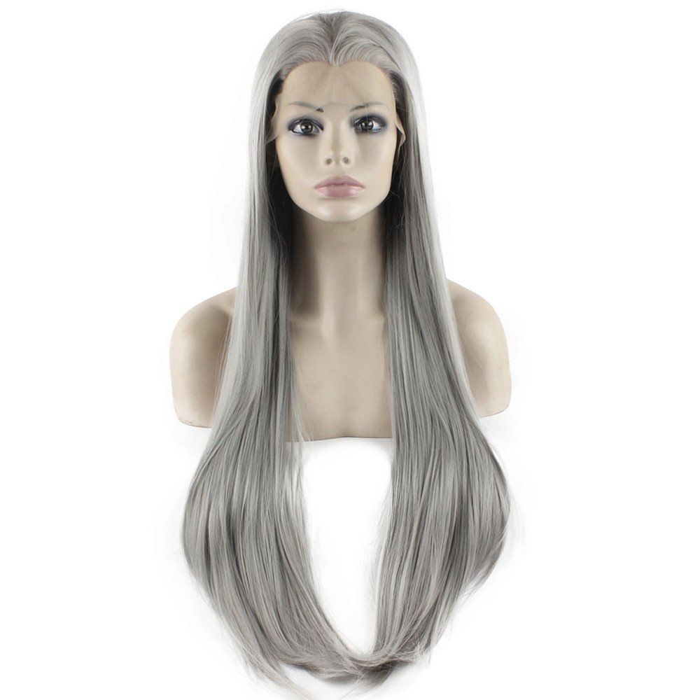 Extra Long Straight Gray Natural Synthetic Lace Front Wig