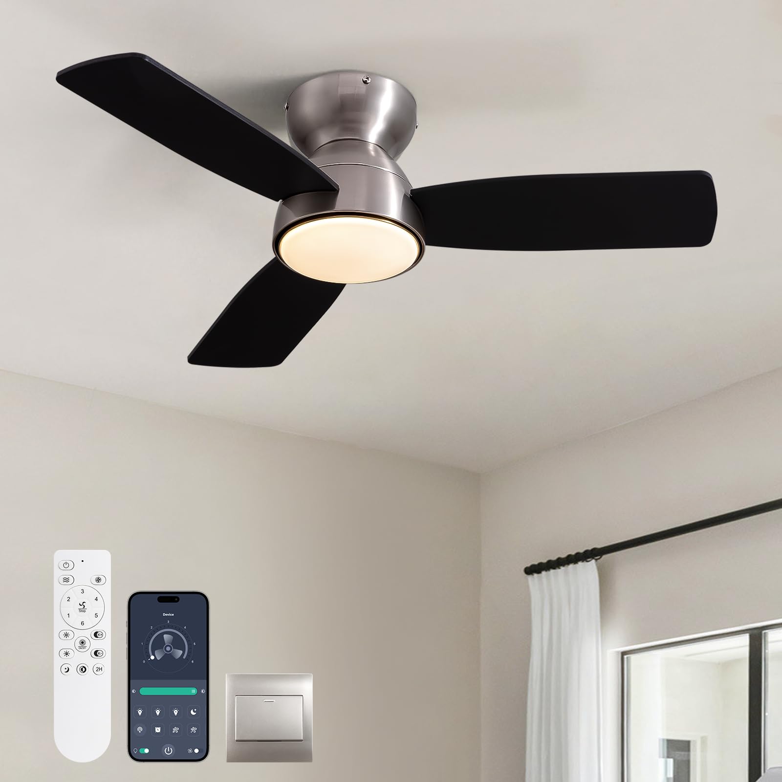 Photo 1 of MOOONICHE 32" Ceiling Fan with Light and Remote/APP Controls, Low Profile Bedroom Fans with Reversible Motor, 6-Speeds,3CCT, Dimmable Timable LED Fandelier for Living Dining Room Kitchen-Nickel
