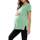 WOOXIO Women's Maternity Shirts Short Sleeve Split Hem Pregnancy Tops Clothes