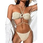 EHSUYAB Women Sexy Fishnet Halter Bikini Set, O Ring Strapless Bandeau Swimsuit, Low Rise Cheeky Two Piece Bathing Suit Beach