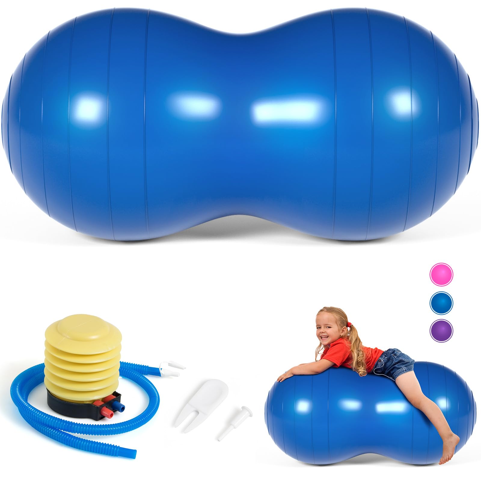 DASKING Peanut Ball for Kids Therapy, 90x45cm Anti Burst Inflatable Exercise Yoga Ball with Pump, Gym Quality Fitness Tool for Pregnancy Birth Autism Physio Therapy Sensory Children Animal Women Men