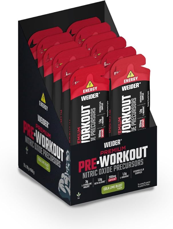 Premium Pre-Workout Gel (12x70g) Goût Cola-Citron vert, Précurseurs d'Oxyde Nitrique, L-Citrulline, L-Arginine, Beta Alanine, Caféine et Vitamines, Energie Immédiate, 12 Doses Prêtes à l’emploi