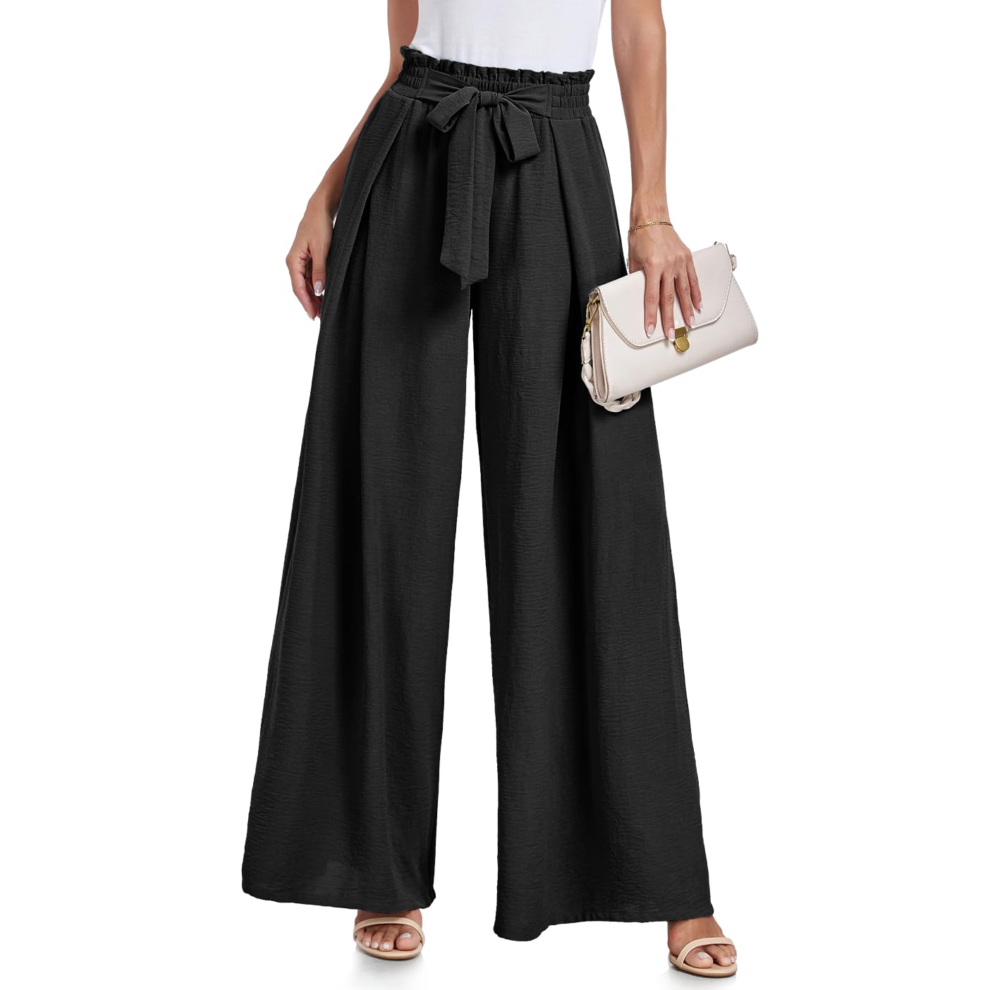 Photo 1 of Women's Wide Leg Pants with Pockets High Waist Adjustable Knot Loose Casual Trousers Business Work Casual Pants A - Black