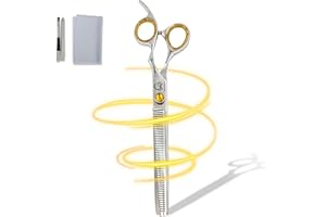 GREAT WORLD ZONE 8.5'' Professional Thinning Grooming Scissors for Cats and Dogs, 50-Tooth Blending Shears, Sharp J2 Stainless Steel Blades with Safety Round Tip, Yellow Jeweled Screw, Silver Includes Cleaning Brush.