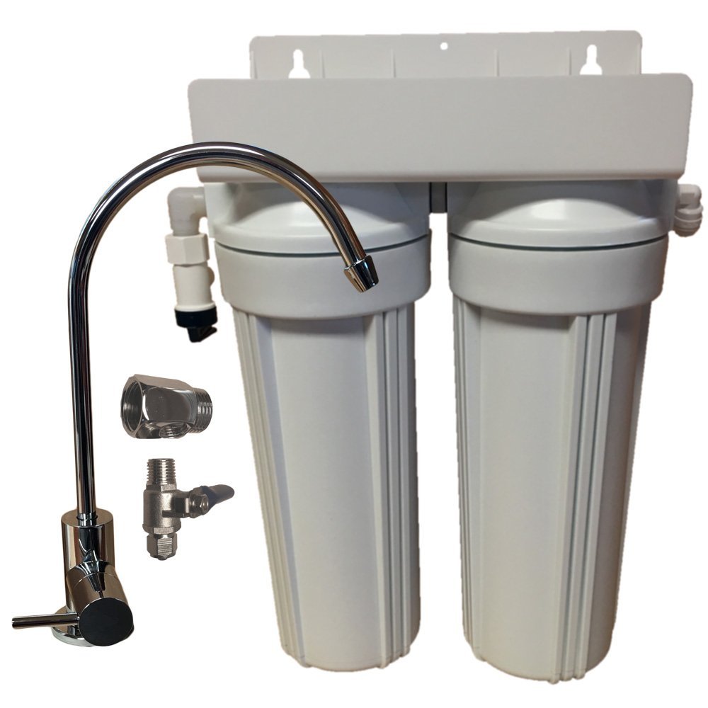 AFWFilters DWF-2-SD55 2 Stage 10" Drinking Water GAC/KDF Filter Removes Lead, Mercury, Iron-Includes Faucet and Undersink Connection Kit, White