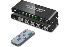 SkycropHD HDMI 2.1 Switch 8K@60Hz 4K@120Hz 4 in 1 Out HDMI Auto Switcher with Remote Support 48Gbps, HDR10+, HDCP2.3, Dolby V