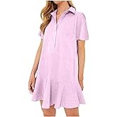 YEXPINE Women's Button Down Shirt Dress Summer Casual Short Sleeve Cotton Linen Ruffle Shift Mini Dresses