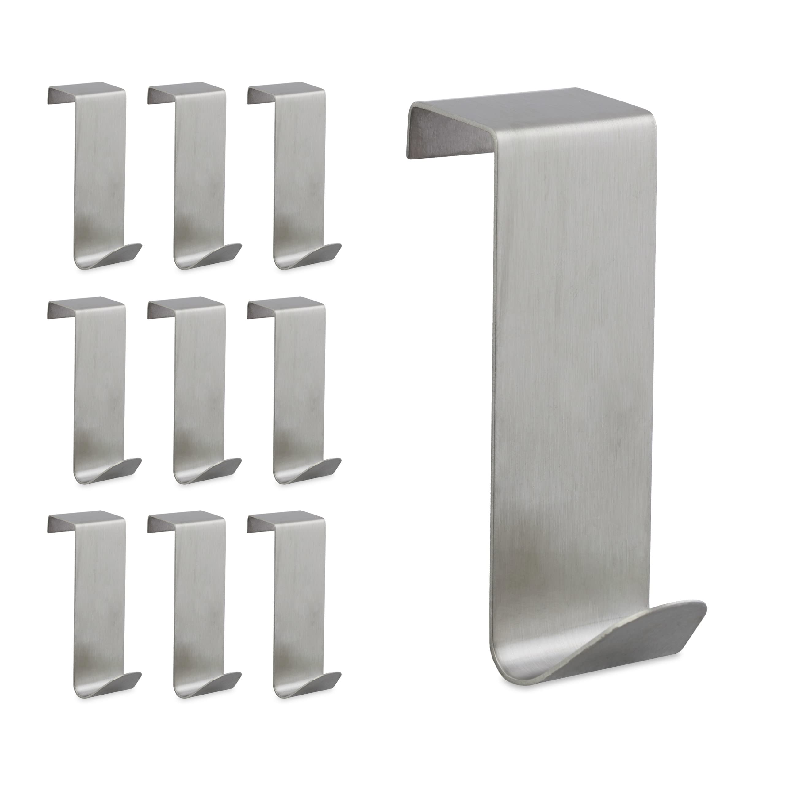 Relaxdays Door Hooks Set of 10, Hanging Coat Rack for Window & Closet, 2 cm Seam, Stainless Steel, Silver
