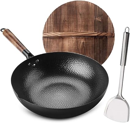 Amazon Jade Watersasdfs クラフト中華鍋 伝統的な手打ちカーボンスチール 木製 スチールヘルパーハンドル付き 電気 誘導 ガスストーブ用 Jade Watersasdfs 中華鍋