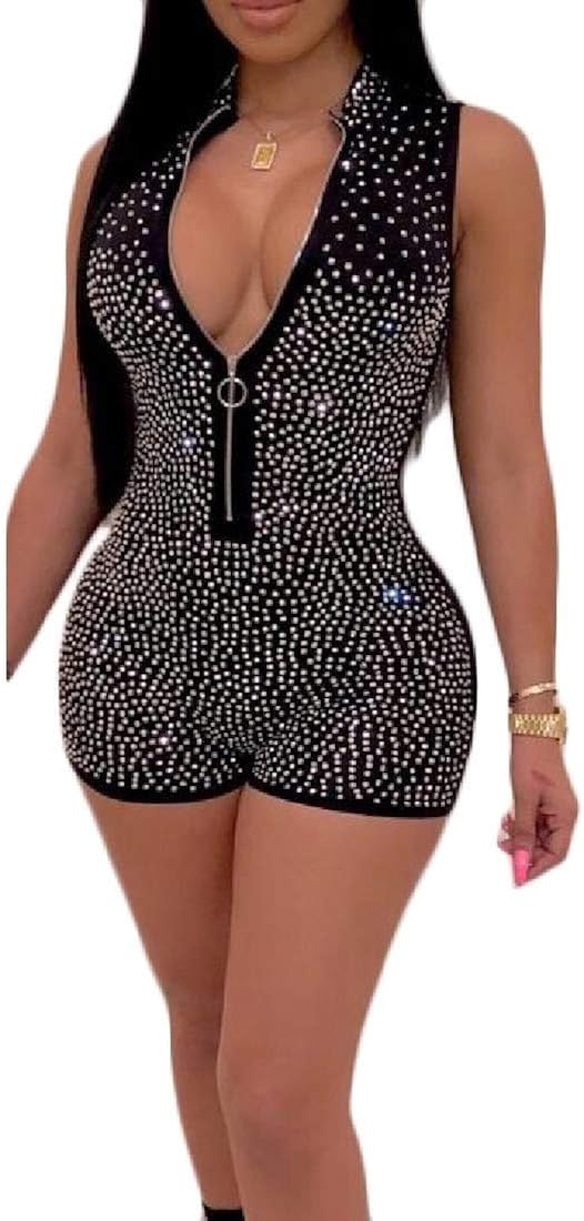 Sweatwater Women Deep V-Neck Tank Rhinestone Clubs Jumpsuits Rompers