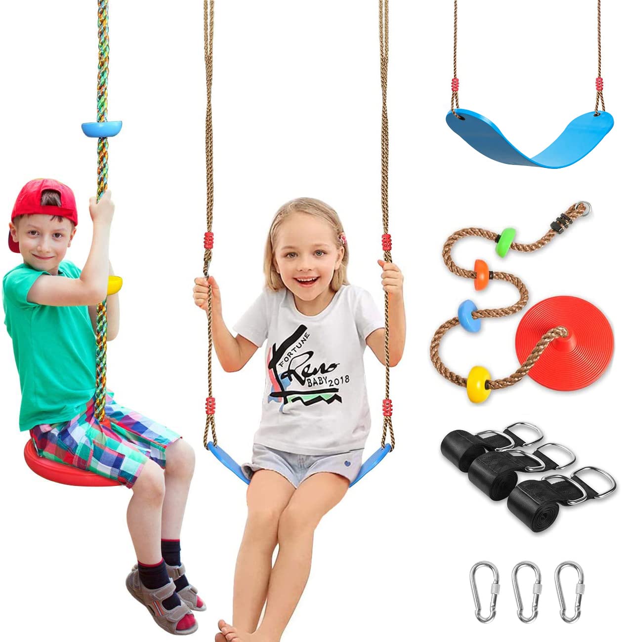 Photo 1 of 2 Pack Swing Seats with Tree Climbing Rope, Multicolor Swings with Platforms - Outdoor Toys for Kids&Adults- Playground Backyard Swingset Accessories with 5Ft Strap and Snap Hook