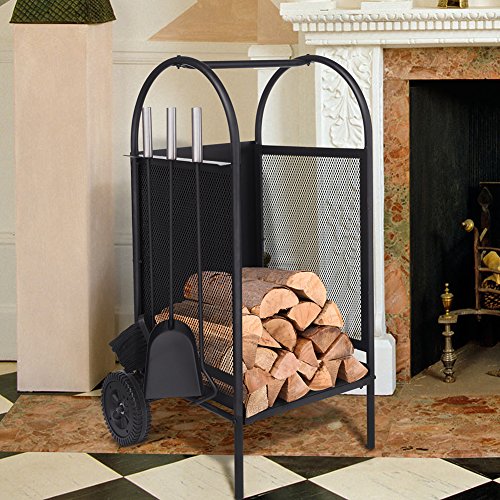 Fireplace Log Holder Rack with 2 Wheels Fireplace Wood Mover Brush Shovel Poker Firepit Firewood Rack Carrier Cut Wood Lumber Stove Storage Stacking Log Bin Stand for Indoor Outdoor,31.5 x 14 x 14in