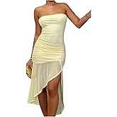 Milumia Women's Strapless Summer Dress Mesh Ruched Split Asymmetric Ruffle Hem Bodycon Midi Dresses