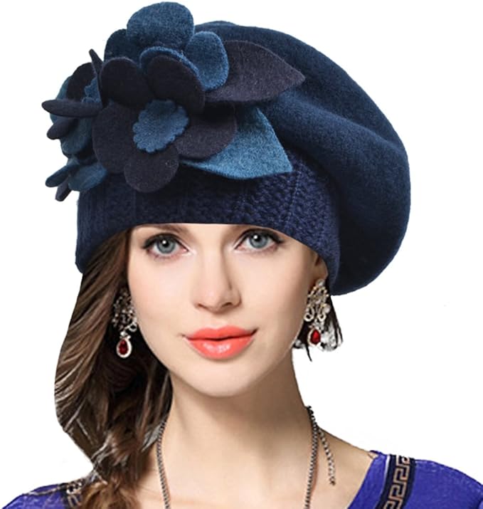 VECRY Lady French Beret 100 Wool Beret Floral Dress Beanie Winter Hat