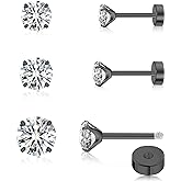 FACOKO 3 Pairs Flat Back Earrings for Women, Titanium CZ Stud Flat Screw Back, Hypoallergenic Cartilage Flatback, Tragus Helix Tragus Conch Piercing(3mm/4mm/5mm Gold/Pink/Silver/Black White CZ)
