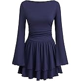 CIDER Women Boat Neck Ribbed Knit Tiered Ruffle Hem Long Sleeve Cocktail Party Mini Dress