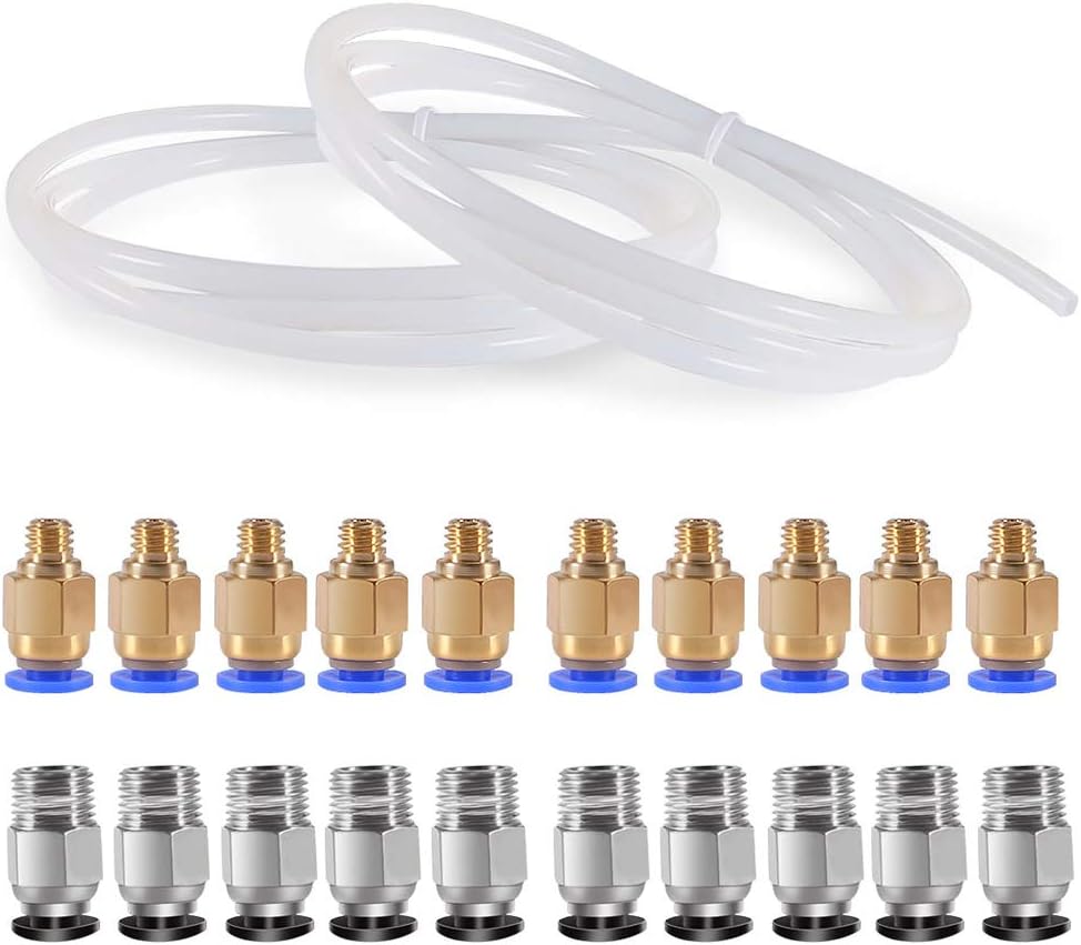 2PCS Tube(2 M)4mm OD PTFE + 10 PCS PC4-M6 Quick Fitting PC4-M10 Male Straight Pneumatic PTFE Tube Push Fitting Connector Male Thread for 3D Printer 1.75mm Filament