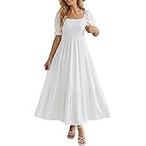 Holipick Women's Casual Dress Square Neck Smocked Shirred Puff Sleeve Cute Long Flowy Maxi A Line Boho Dresses