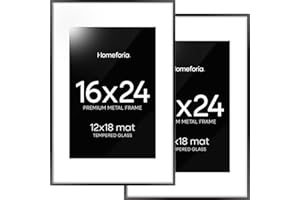 Homeforia 16 x 24 Picture Frame Black, High End Metal 24x16 Poster Frame, 16 x 24 Black Frames Matted to 12 by 18 inch Print, 24by16 Thin Frame with Mat 12x18 Photo, Tempered Glass, Wall Kit, Set of 2