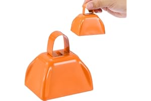 PATIKIL 2pcs Cow Bells for Football Games, 3inch Cowbells for Sporting Events Bulk Loud Noise Makers Metal Cow Bell with Handle for Cheering Competition Marathon Wedding, Orange