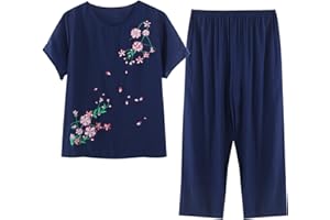 breaise Womens 2 Piece Cotton Linen Outfits Summer Casual Short Sleeve Tops Capri Pants Lounge Set for Older Mom