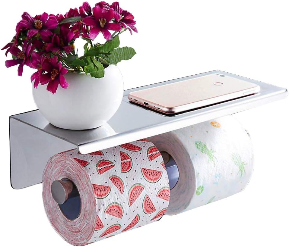 Homovater Stainless Steel 3M Self Adhesive/Drilling Chrome Toilet Roll Holder Double Wall Mounted Bathroom Kitchen Tissue Holder Anti-Rust with Mobile Phone Storage Shelf, Pattern 2