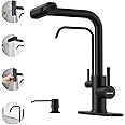 DAYONE Matte Black Waterfall Kitchen Faucet with Drinking Water Faucet and Soap Dispenser, 3 in 1 Sink Tap with Purfied Water, 4 Holes, (Without Water Filtration Device)